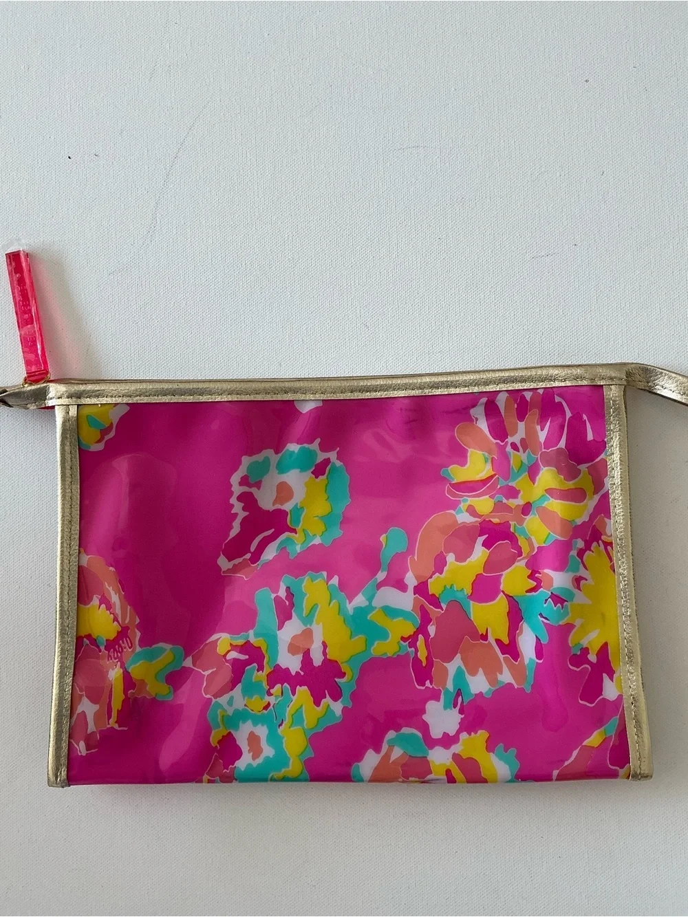Lilly Pulitzer Hot Pink Floral Vinyl Pouch with Gold Trim
